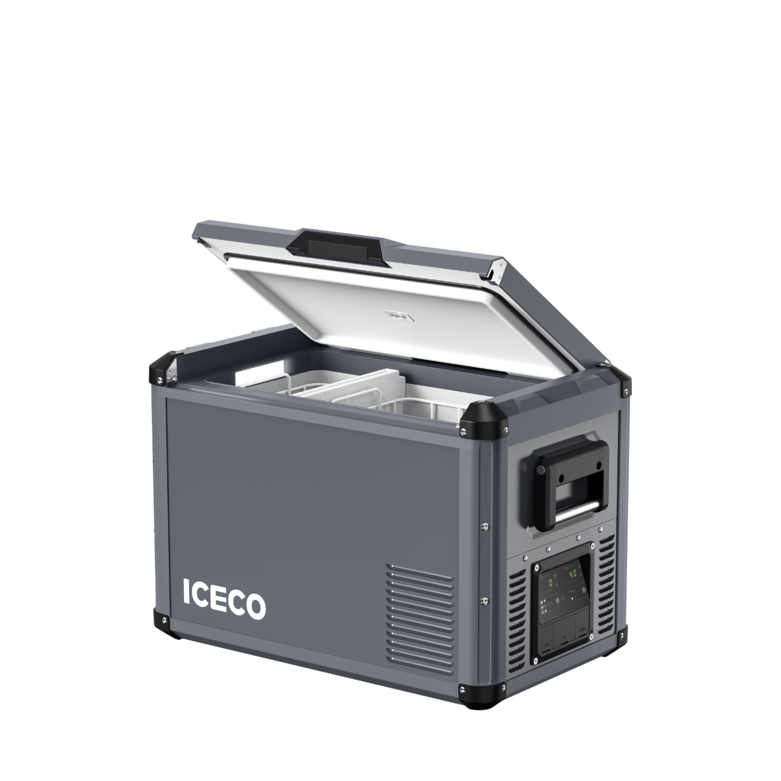 Inca Overland Outfitters VL45ProD Dual Zone Portable Freezer in gray from ICECO's VL Pro Series, showing dual-zone cooling system.