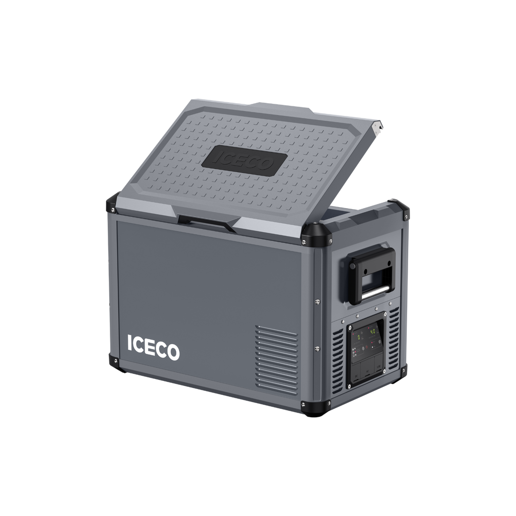 Inca Overland Outfitters VL45ProD dual zone portable freezer in gray from ICECO VL Pro Series, showing its compact design and digital controls.