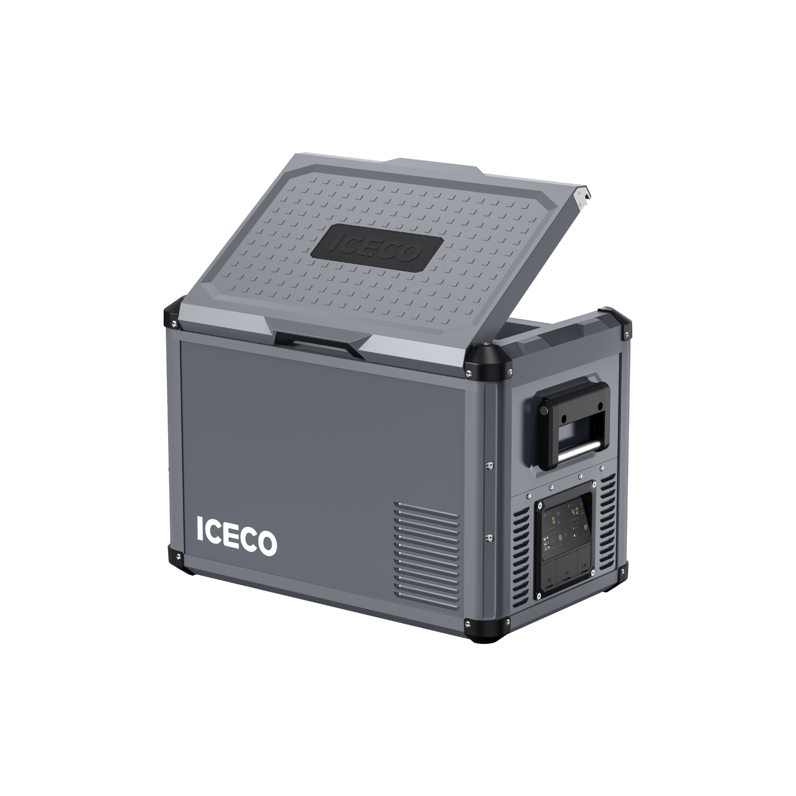 Inca Overland Outfitters VL45ProD dual zone portable freezer in gray from ICECO VL Pro Series, showing its compact design and digital controls.