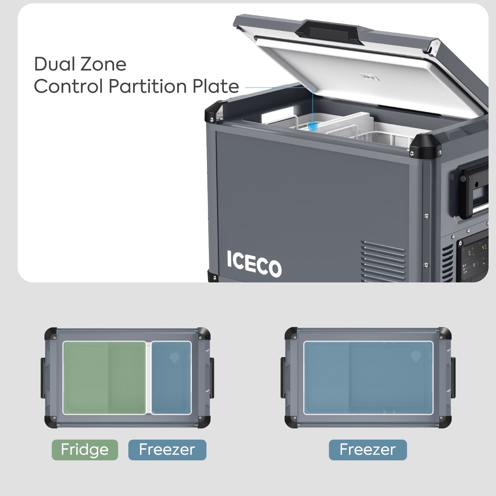 Inca Overland Outfitters VL45ProD Dual Zone Portable Freezer in gray, showing the compact design and control panel.