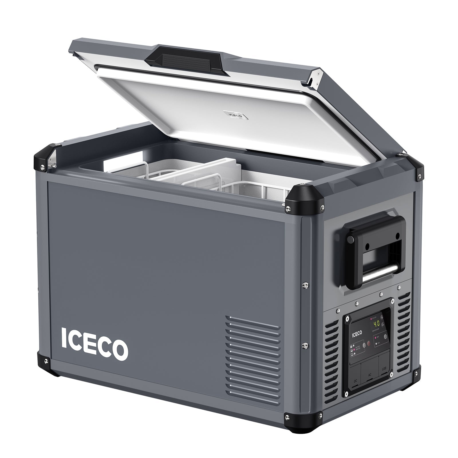 Gray VL45ProS portable fridge freezer from ICECO's VL Pro Series, 45-liter capacity, single zone, ideal for travel and outdoor use.