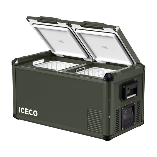 Inca Overland Outfitters VL75ProD Olive 12V Heavy Duty Fridge Freezer from ICECO, 75L, in olive green, showing control panel and interior.
