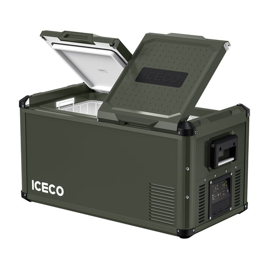 Inca Overland Outfitters VL75ProD Olive 12V heavy-duty fridge freezer from ICECO, with 75-liter capacity, in olive green.