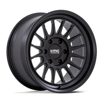 KMC KM447 Impact Forged Monoblock Satin Black wheels with intricate spoke design for Vinyasa Automotive vehicle.