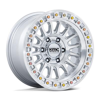 KMC KM552 IMS Gloss Silver with Machined Face simulated beadlock wheels on a vehicle, showcasing detailed wheel design and finish.