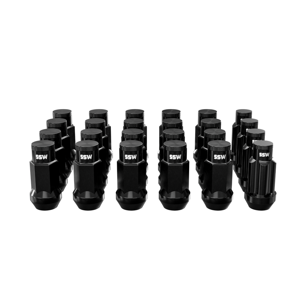 Matte black steel lug nuts and four locking lug nuts accessory set by SSW Offroad® for vehicle wheels.