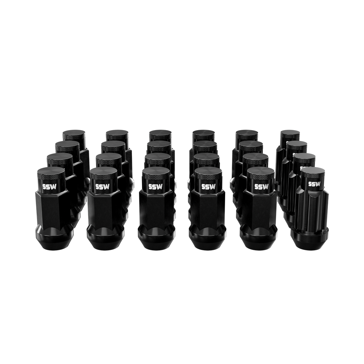 Matte black steel lug nuts and four locking lug nuts accessory set by SSW Offroad® for vehicle wheels.