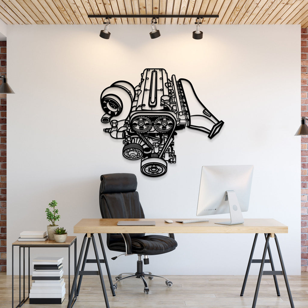 Modello Turbo 2JZ metal engine block wall art showcasing detailed, industrial-style automotive decor for car enthusiasts.