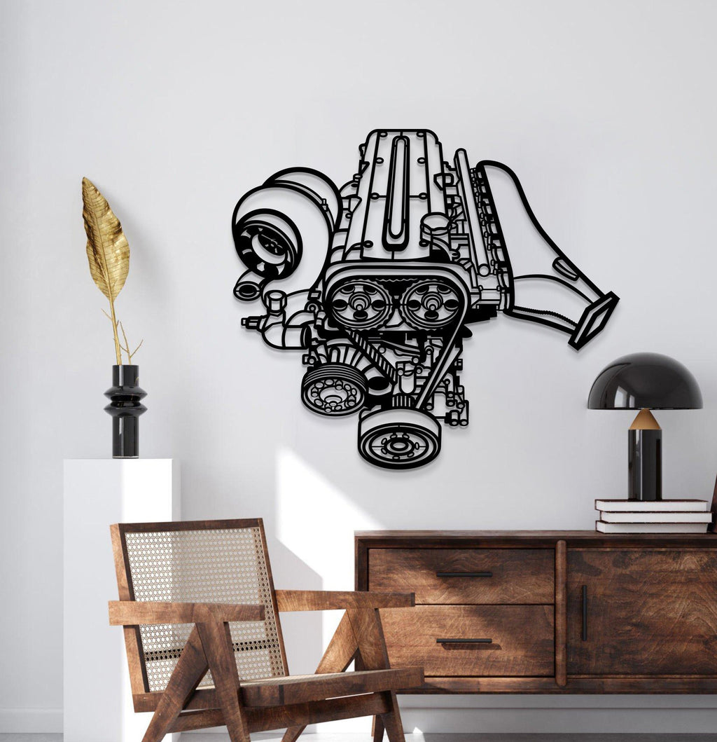 2JZ metal engine block wall art by Modello Turbo, featuring detailed 2JZ engine design in sleek metal for automotive decor.