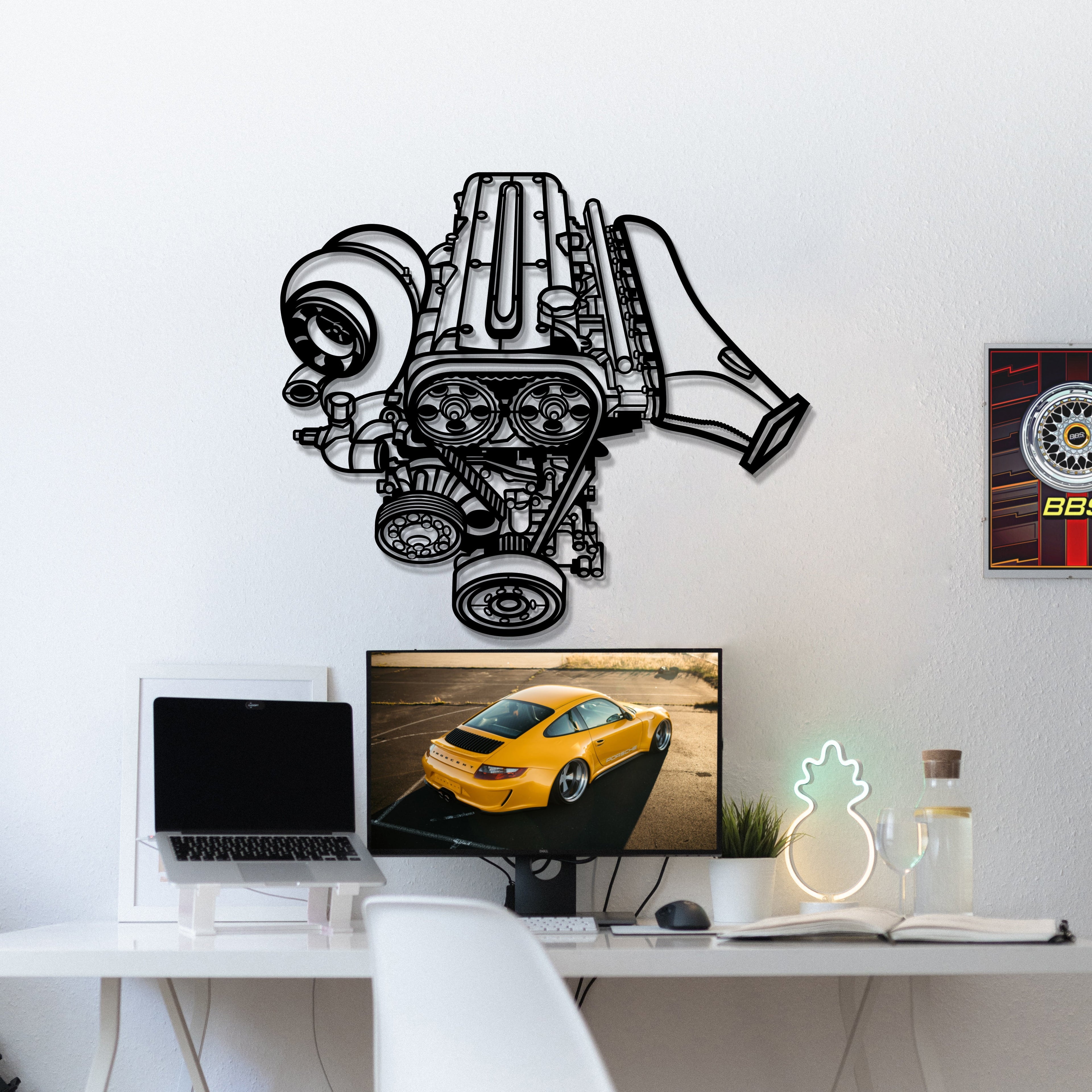 Modello Turbo 2JZ metal engine block wall art, automotive decor, detailed silver-colored engine artwork for garage or man cave.