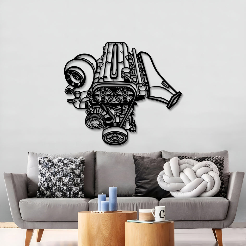 2JZ metal engine block wall art by Modello Turbo, featuring detailed automotive engine design on durable metal for wall decor.
