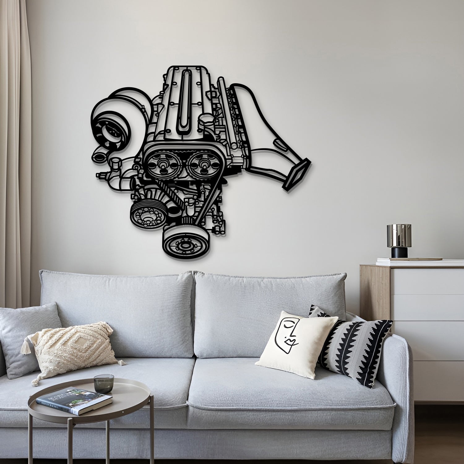 Modello Turbo 2JZ Metal Engine Block Wall Art, 39x99 cm, industrial-style automotive decor for car enthusiasts.