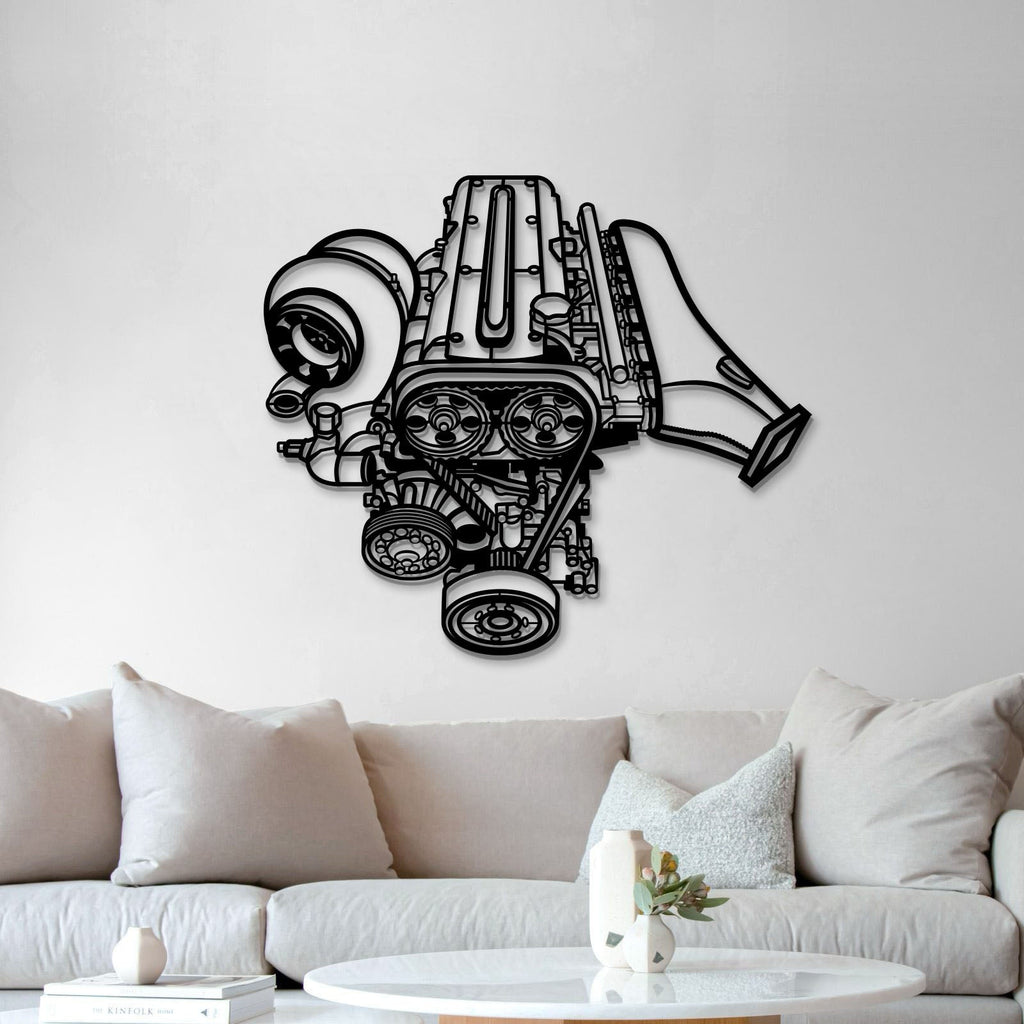 2JZ Metal Engine Block Wall Art by Modello Turbo, detailed steel decor piece featuring a 2JZ engine design for automotive enthusiasts.