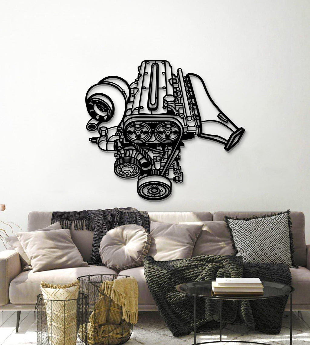2JZ metal engine block wall art by Modello Turbo, showcasing a detailed 39x99 cm automotive engine art piece.