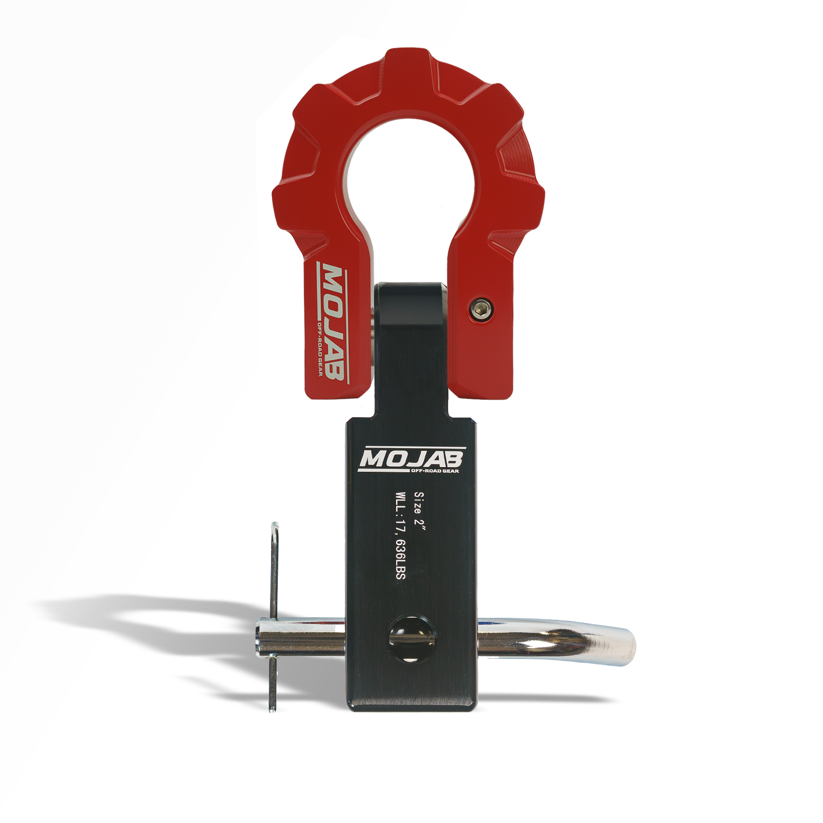 Aluminum 2-inch hitch receiver with ceramic-coated D-shackle, featuring MOJAB OFFROAD branding and the American flag design.
