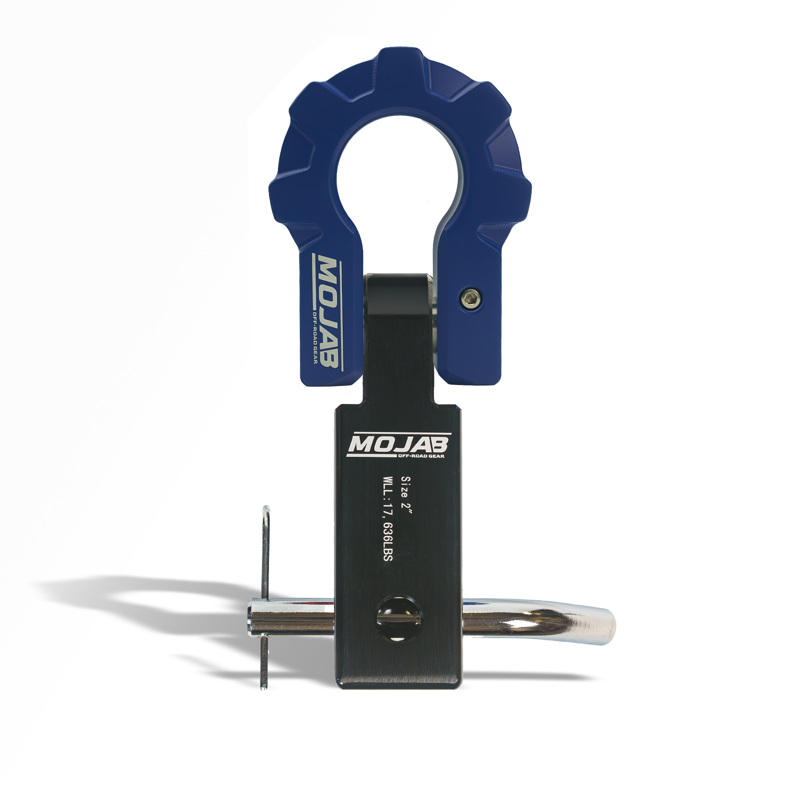 Aluminum hitch receiver with D-shackle from MOJAB OFFROAD, ceramic coated, featuring an American flag design and lifetime warranty.