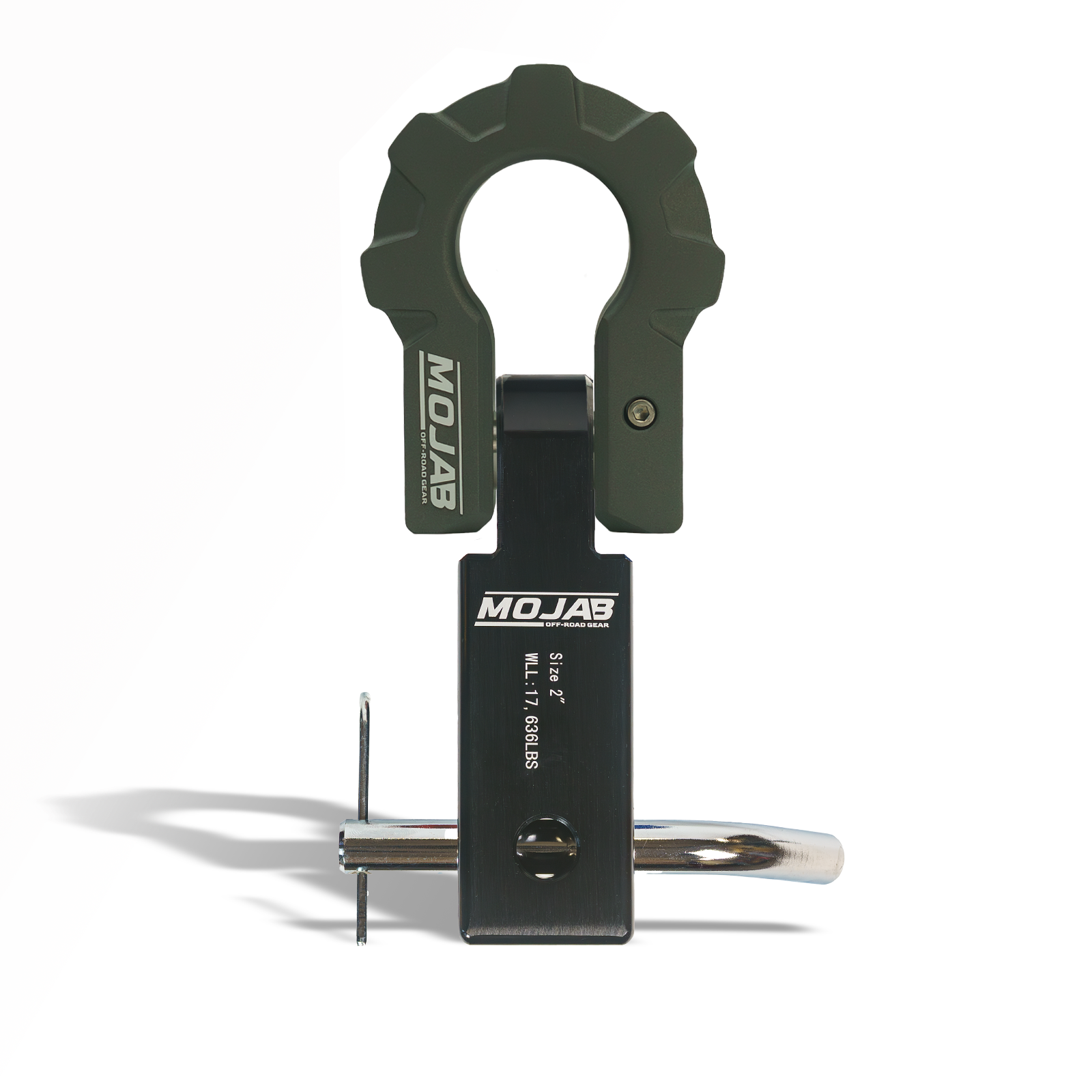 Aluminum hitch receiver with D-shackle from MOJAB OFFROAD, ceramic-coated, durable 2-inch receiver for off-road towing.