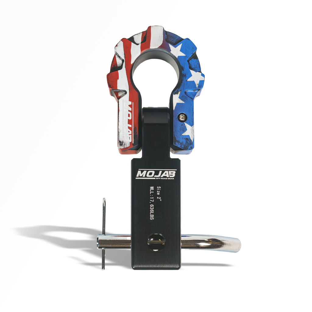 Aluminum hitch receiver with D-shackle from MOJAB OFFROAD, ceramic coated, featuring an American flag design and durable construction.