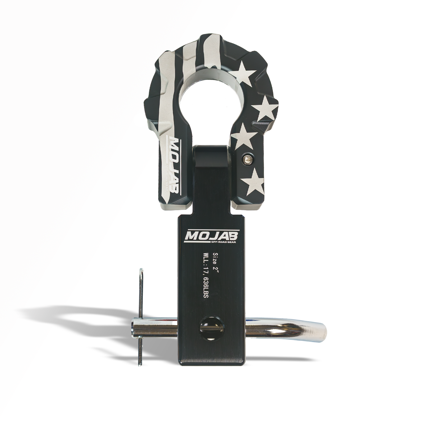MOJAB OFFROAD 2-inch aluminum hitch receiver with D-shackle, ceramic-coated, American flag design, durable off-road trailer accessory