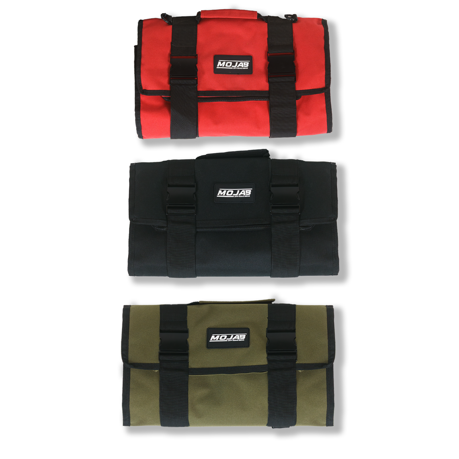 Large MOJAB OFFROAD canvas tool organizer bag in red with five removable pouches, designed for versatile tool storage.