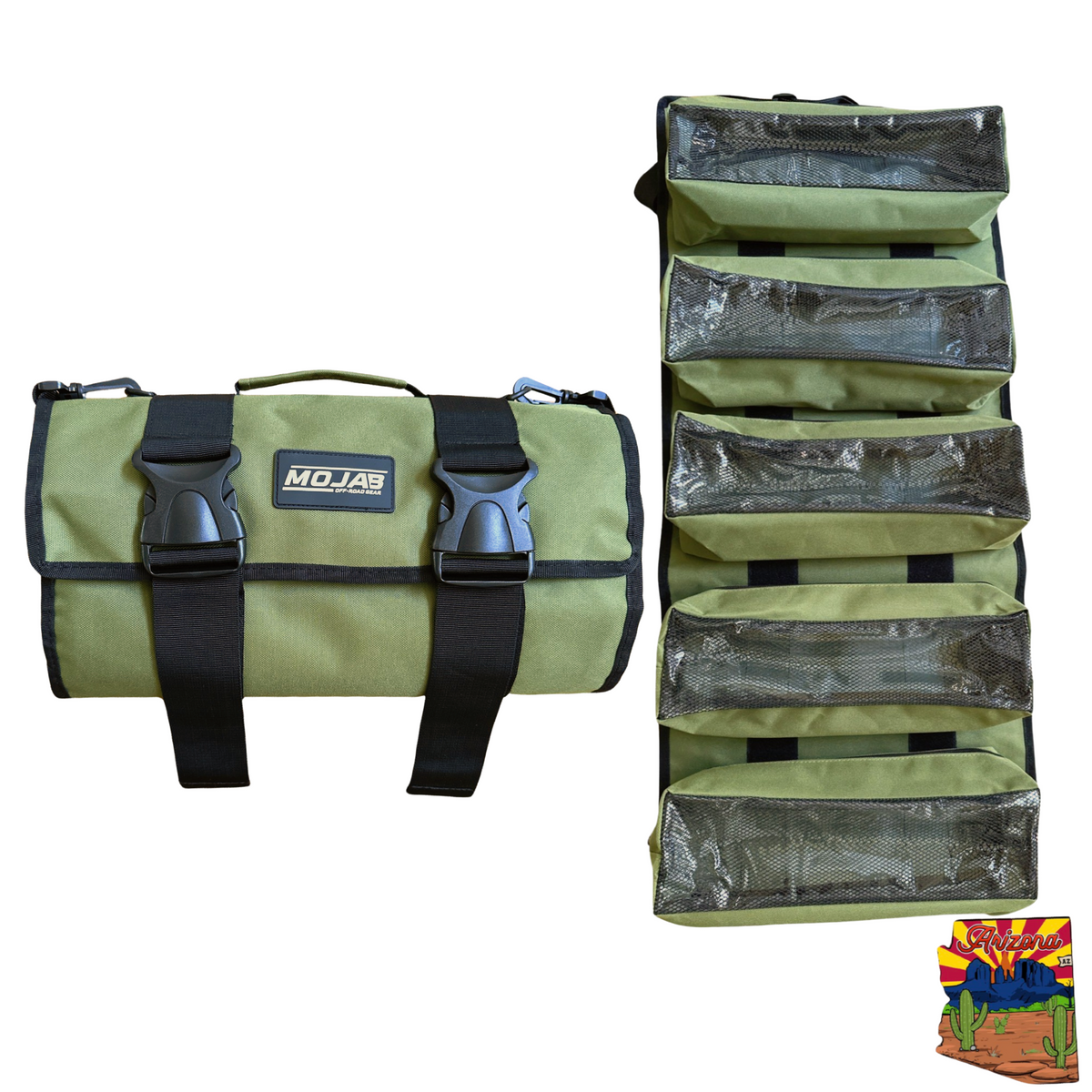 Red MOJAB OFFROAD large canvas tool organizer bag with five removable pouches, ideal for tool storage and organization.