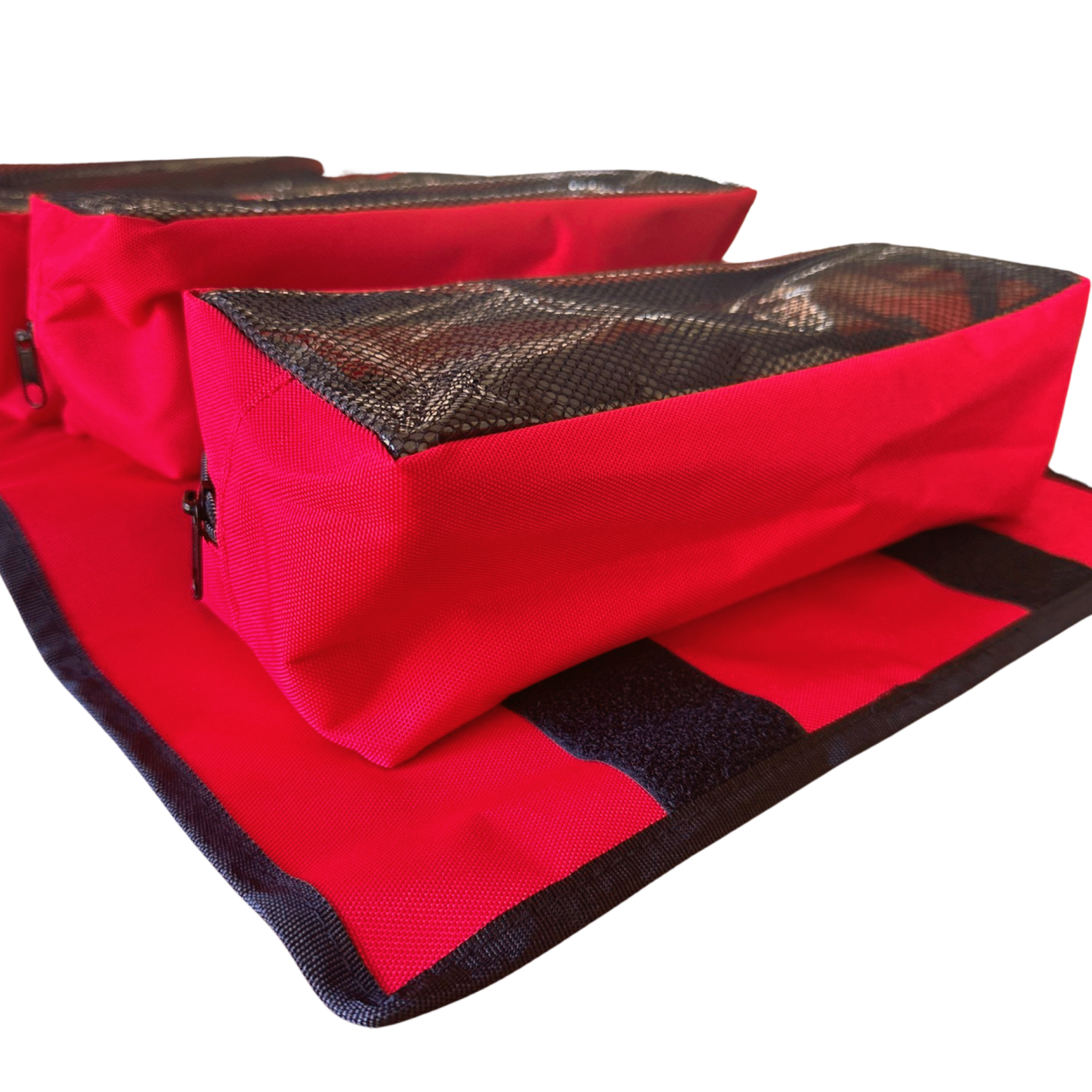 Large red MOJAB OFFROAD canvas tool organizer bag with five removable pouches for easy tool storage and transport.