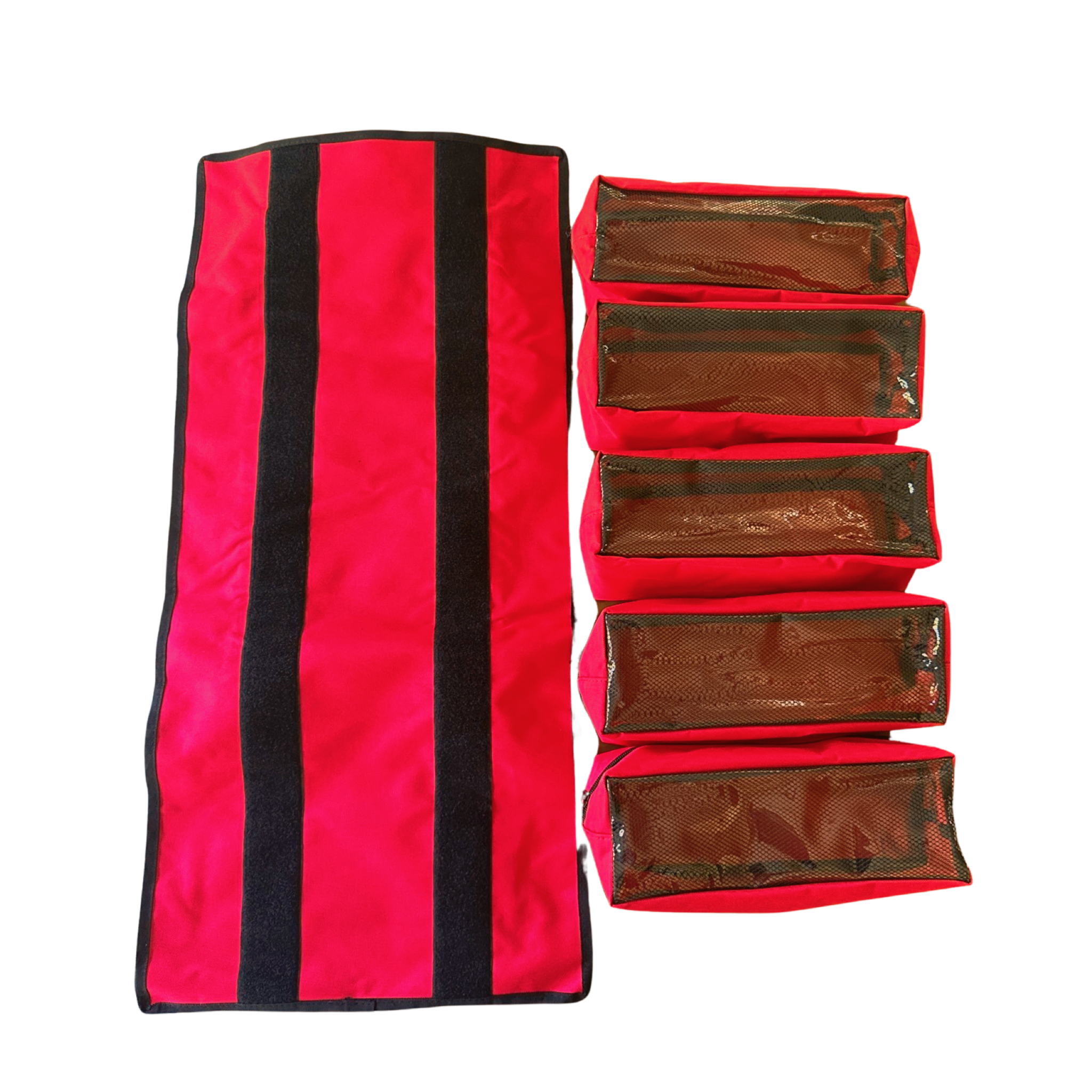 Red MOJAB OFFROAD large canvas tool organizer bag with five removable pouches, designed for efficient tool storage and transport.