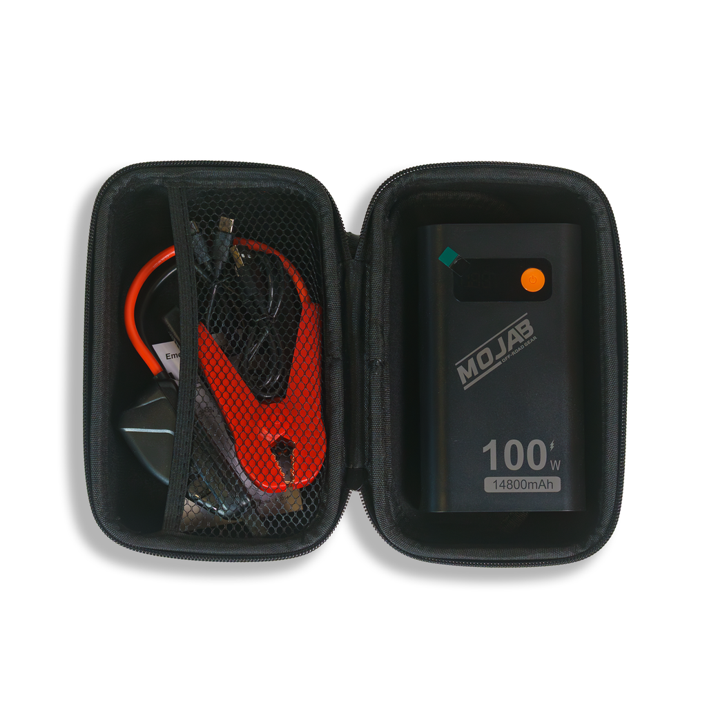 MOJAB OFFROAD battery booster and jump starter device with cables for vehicle emergency starting.