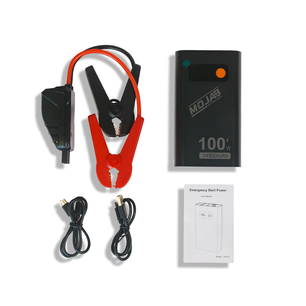 MOJAB OFFROAD battery booster and jump starter device for vehicle emergency power and battery charging.