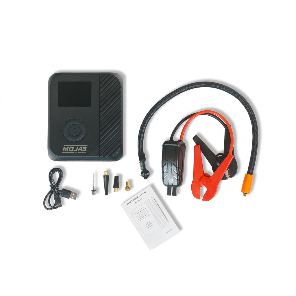 MOJAB OFFROAD PowerPro All-in-One Emergency Battery Booster and Tire Inflator showing compact device with cables and digital display