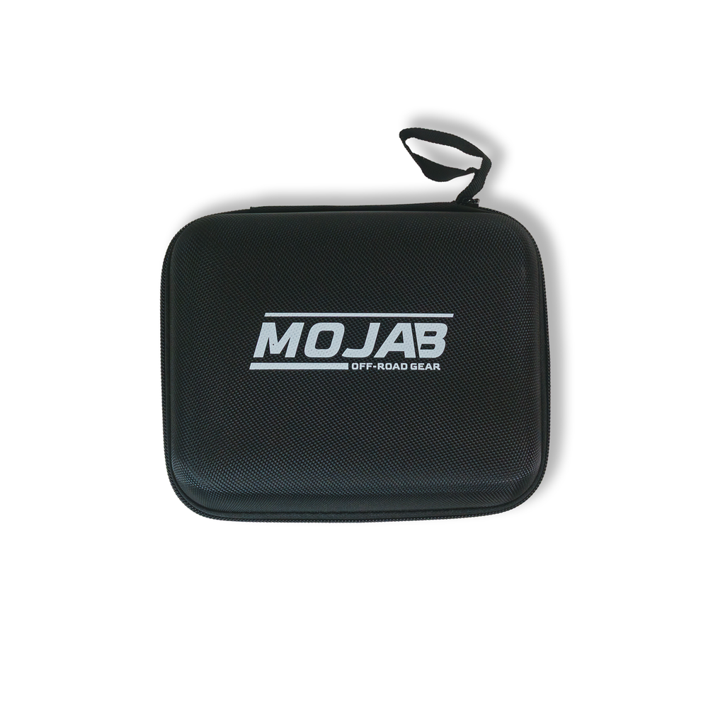 MOJAB OFFROAD PowerPro All-in-One Emergency Battery Booster and Tire Inflator showing compact design with cables and digital display.