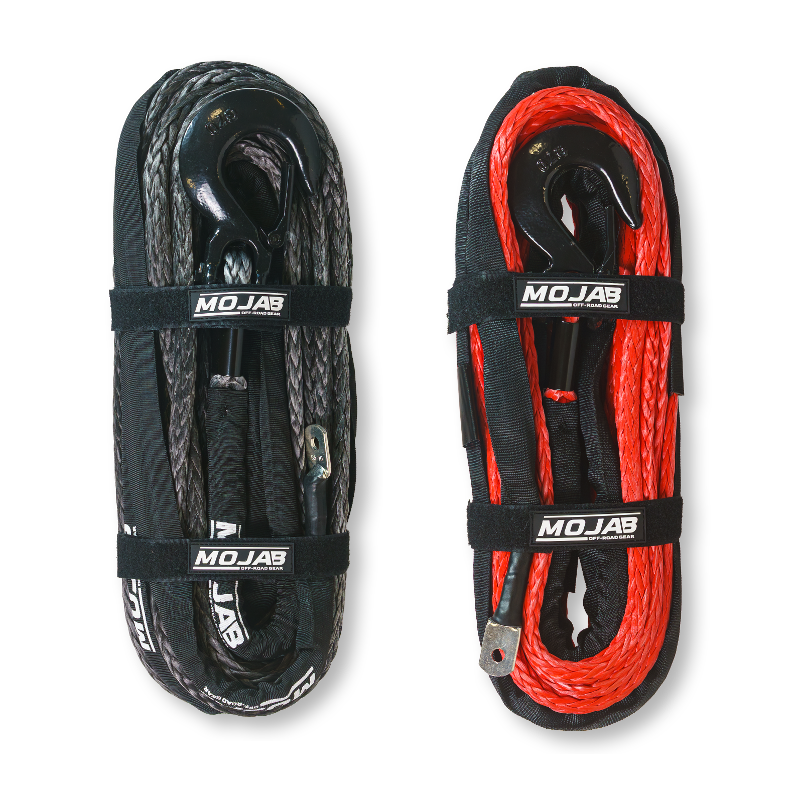 Black 1/2 inch by 78-foot synthetic winch rope with removable forged hook from MOJAB OFFROAD, designed for off-road recovery.