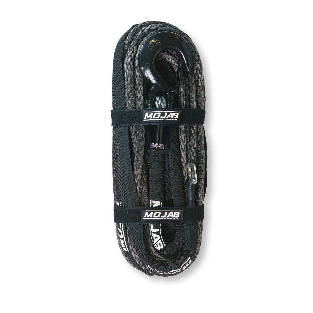 Black 1/2-inch by 78-foot synthetic winch rope with removable forged hook from MOJAB OFFROAD, designed for off-road recovery.
