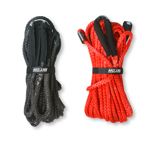 Black 1/2-inch by 85-foot MOJAB OFFROAD winch line extension cable stretched out on a surface.