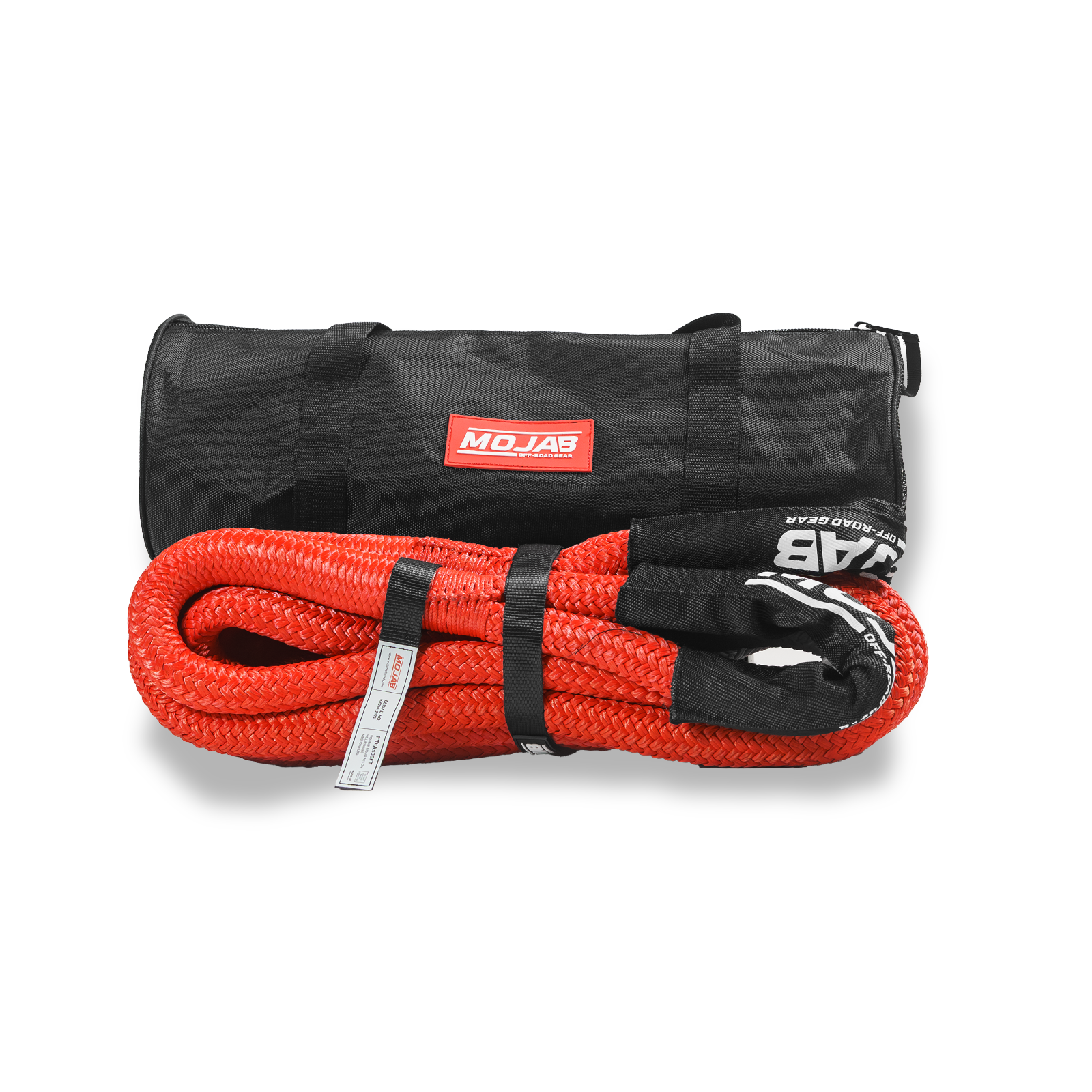 Black 1” x 30' Kinetic Rope with storage bag by MOJAB OFFROAD, designed for off-road recovery and durability.