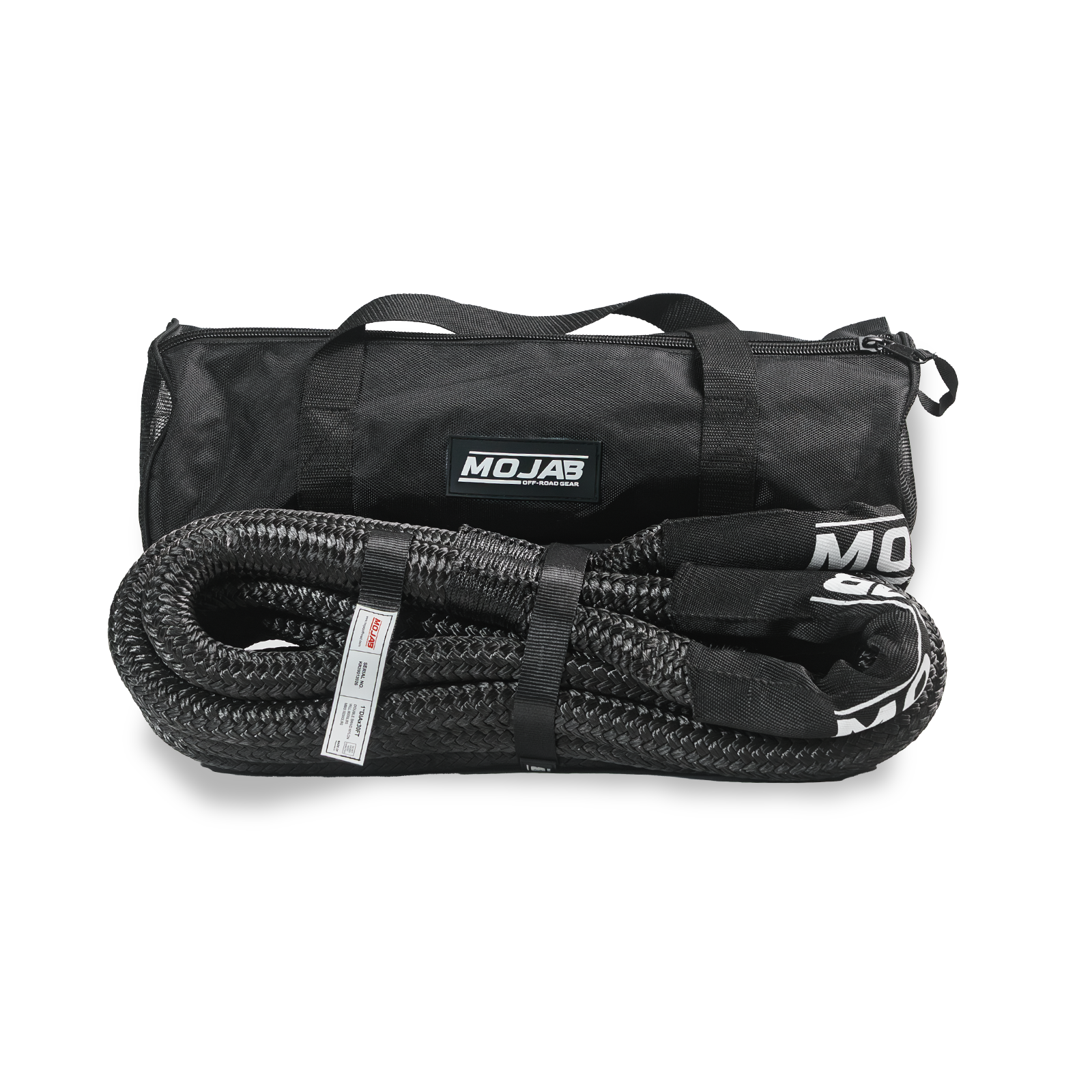 Black 1” x 30’ MOJAB OFFROAD kinetic recovery rope with storage bag, designed for off-road vehicle recovery and towing.