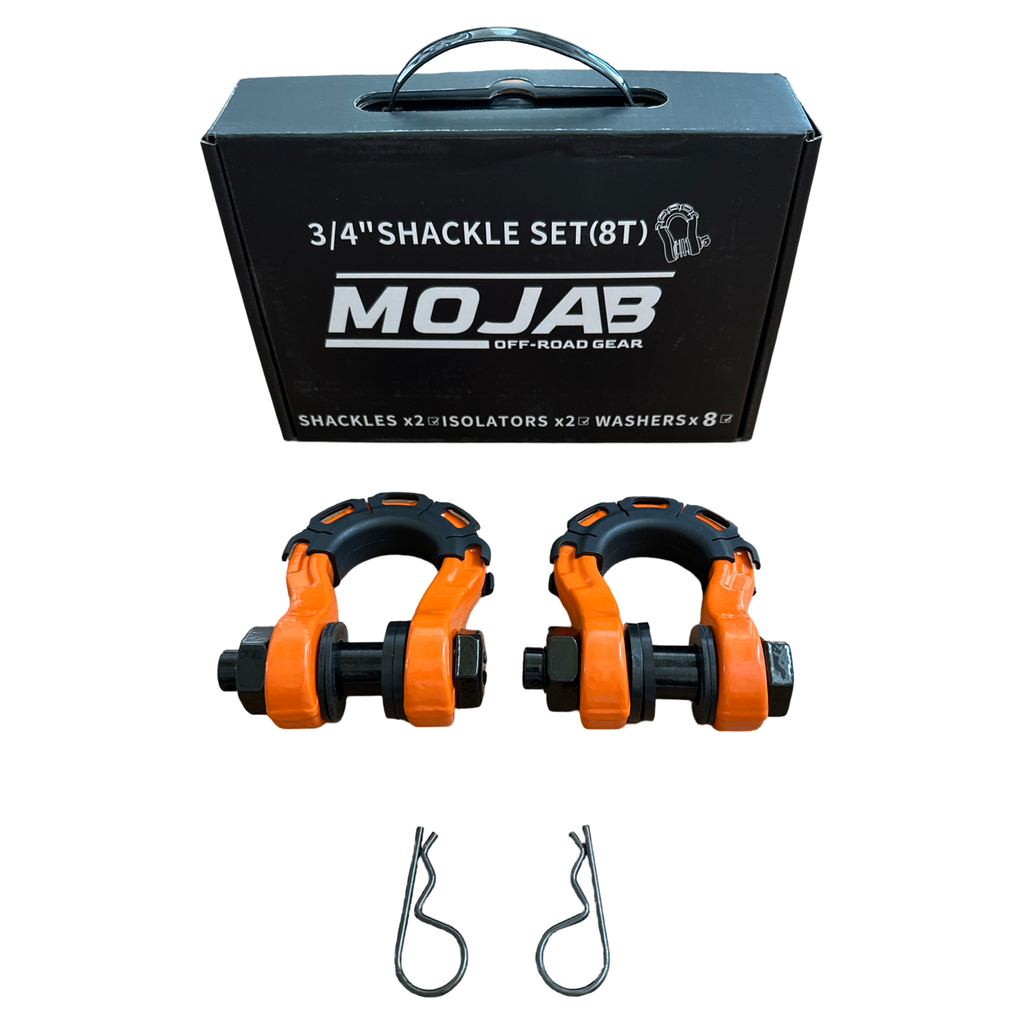Black 3/4-inch forged steel D-shackle set from MOJAB OFFROAD, durable off-road accessories with lifetime warranty.