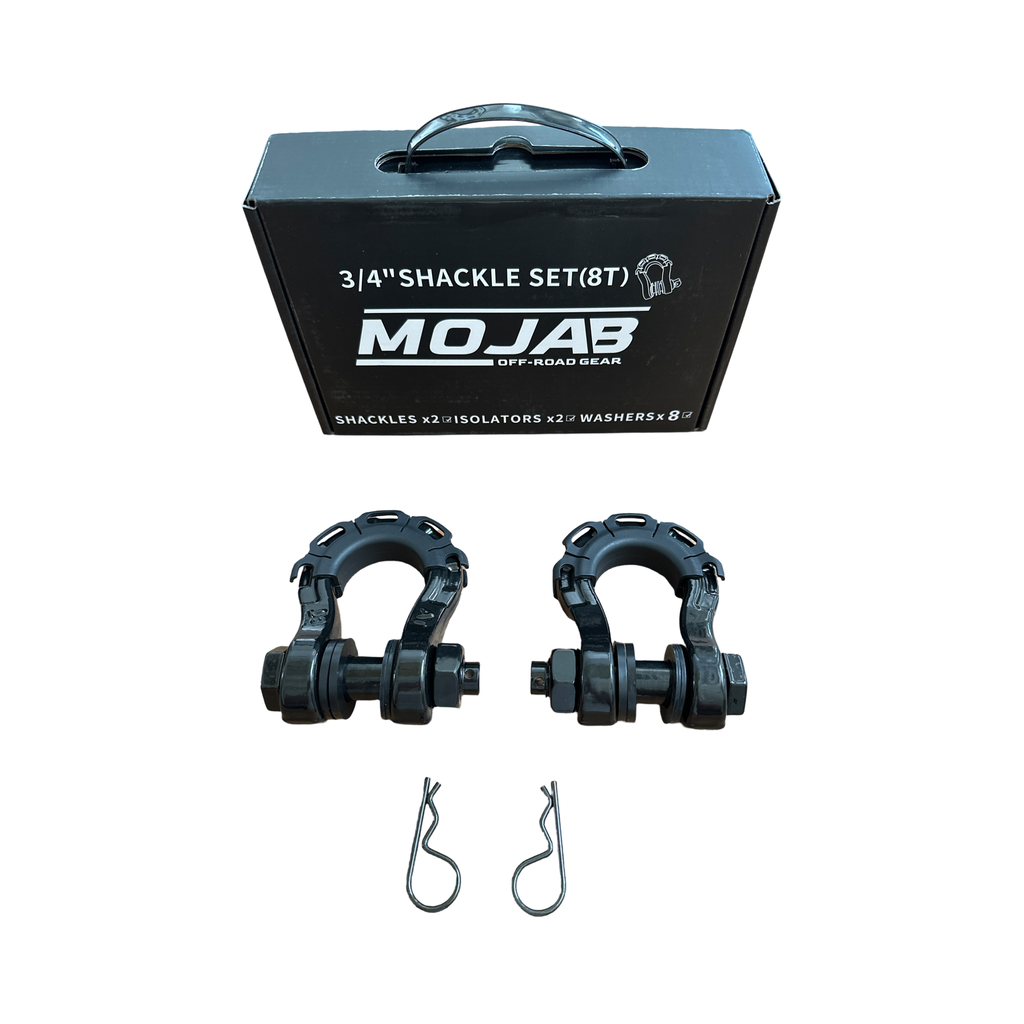 Black 3/4-inch forged steel D-shackle set by MOJAB OFFROAD, heavy-duty shackles for off-road recovery, lifetime warranty included.