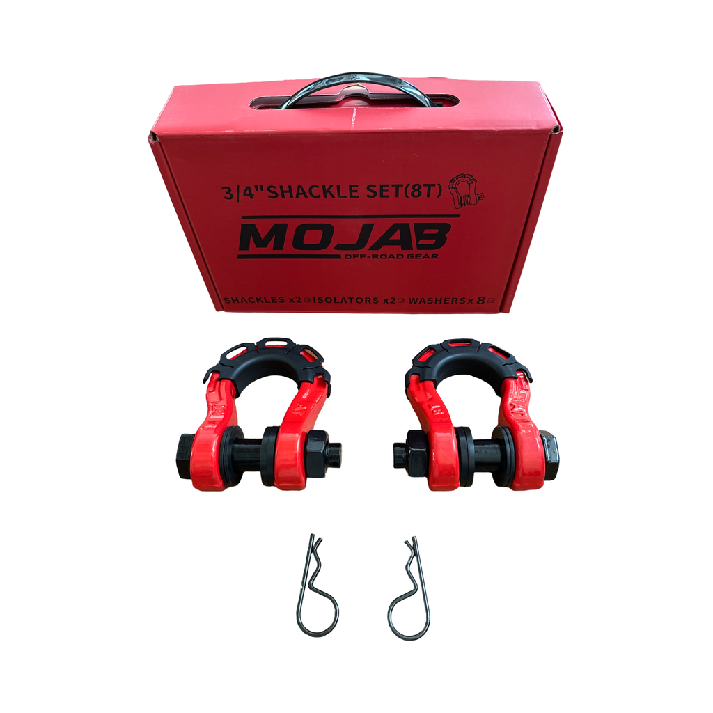 Black 3/4-inch forged steel D-shackle set by Mojab Offroad, durable hardware for heavy-duty off-road recovery, with lifetime warranty