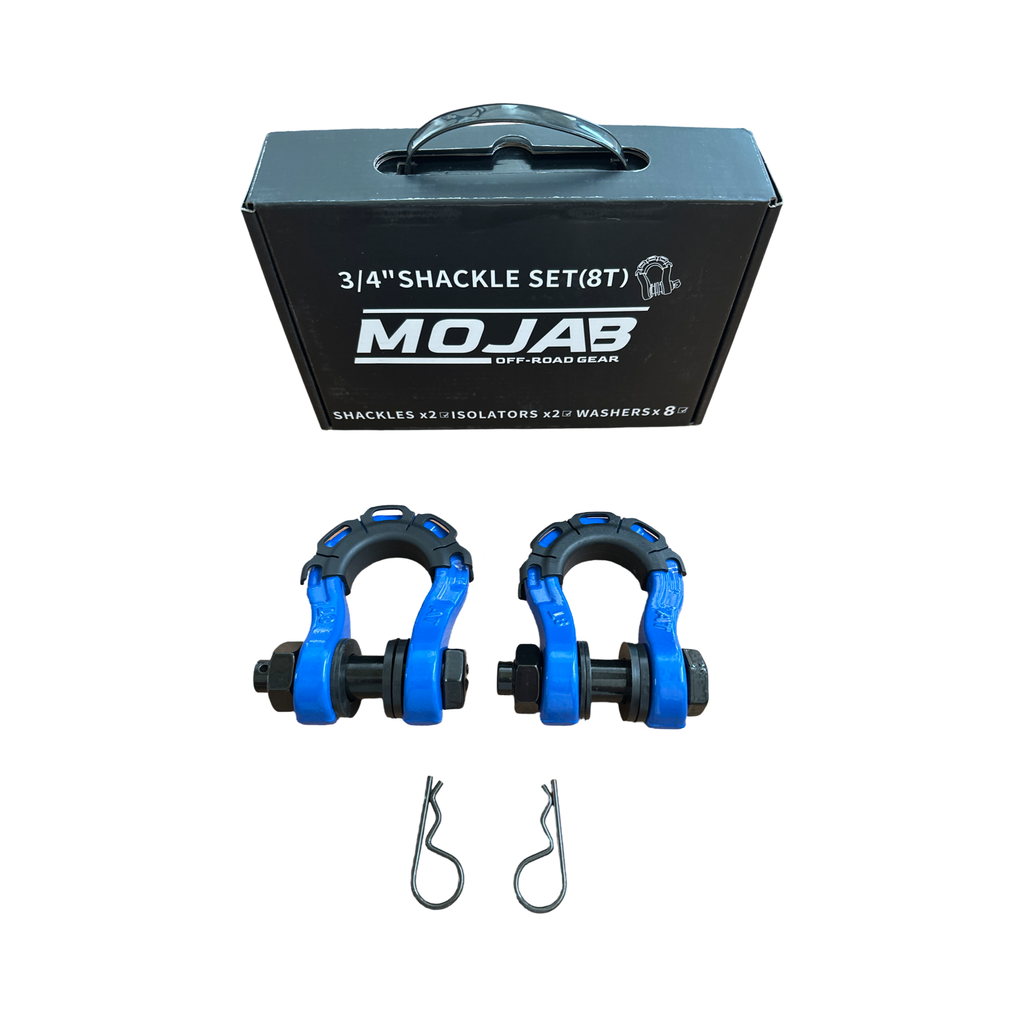 Black 3/4-inch forged steel D-shackle set by MOJAB OFFROAD, 8-ton capacity with lifetime warranty, suitable for off-road recovery.