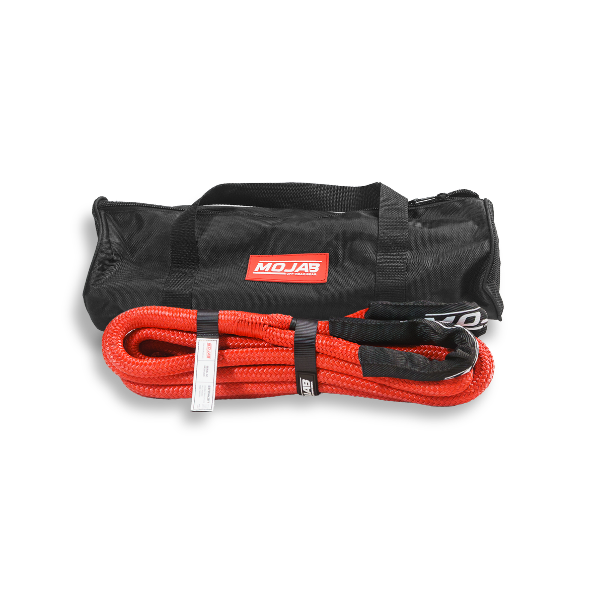 Black MOJAB OFFROAD 5/8-inch x 26-foot kinetic recovery rope with storage bag for off-road vehicle recovery.