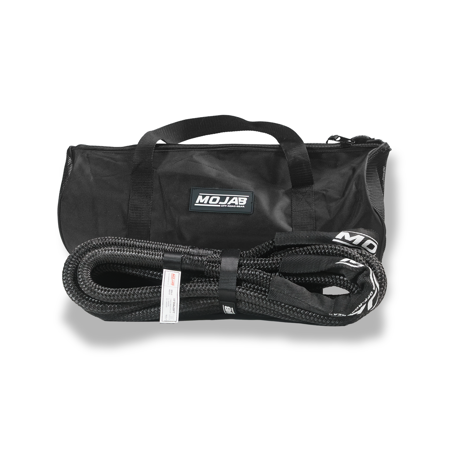Black 5/8" x 26' Kinetic Rope by MOJAB OFFROAD with storage bag, designed for vehicle recovery and towing.