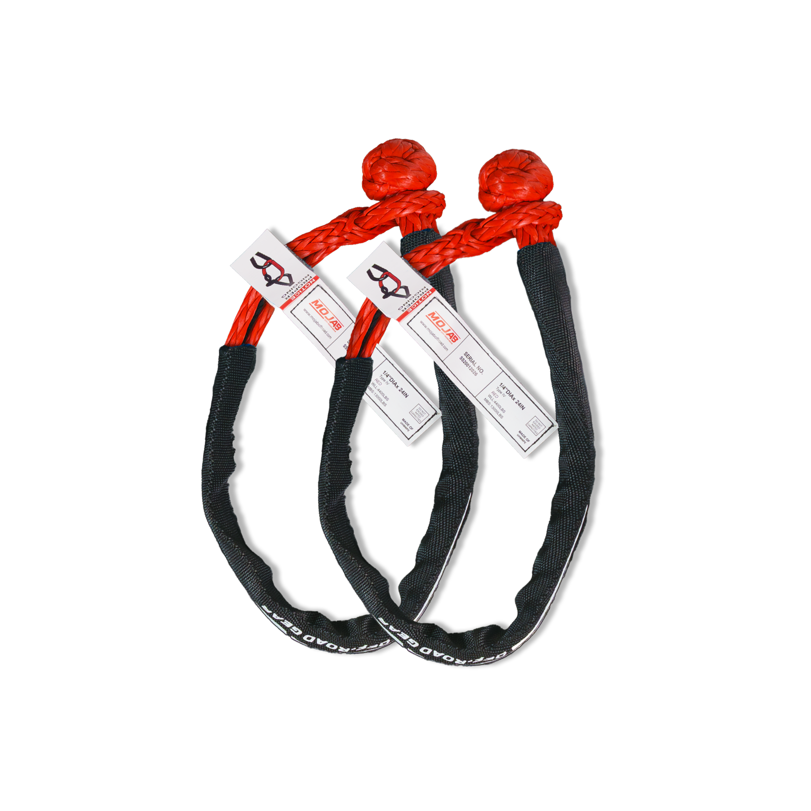 Pair of MOJAB OFFROAD black soft shackles, 1/4 inch x 24 inch with sleeves and bags, durable off-road recovery gear set of 2