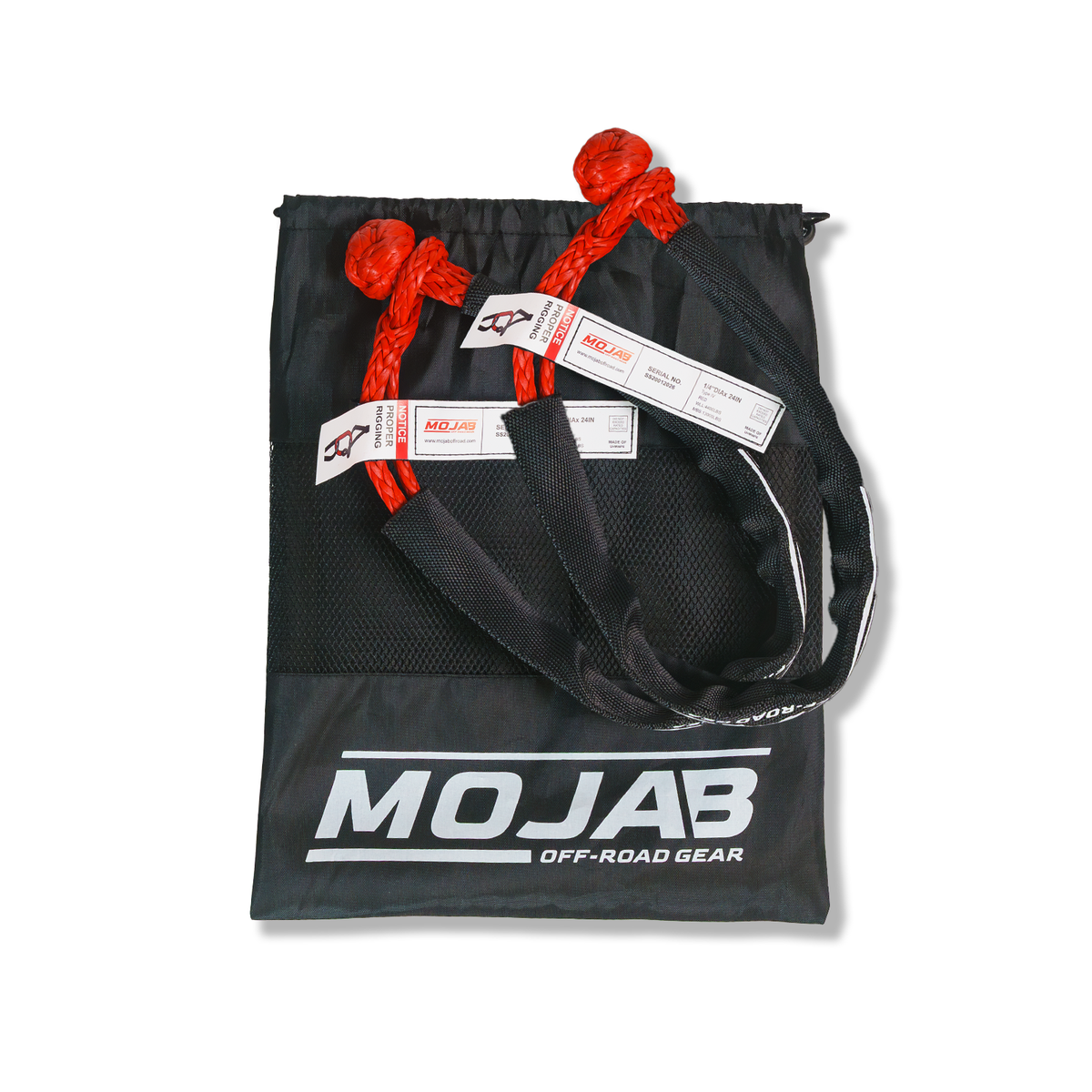 Set of two black MOJAB OFFROAD soft shackles, 1/4 inch by 24 inches, with sleeves and bags for off-road recovery and towing.