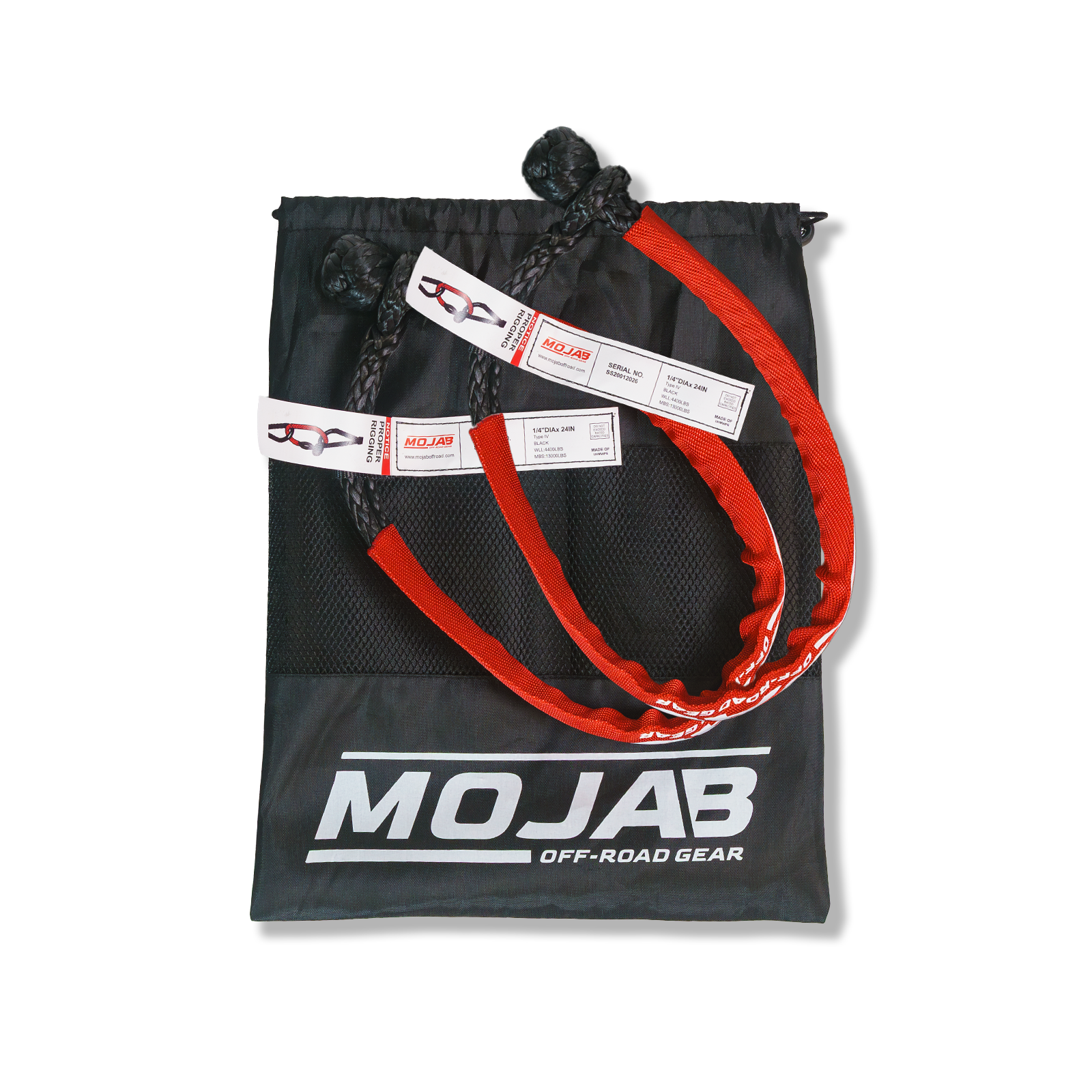 Set of two MOJAB OFFROAD black soft shackles, 1/4 inch by 24 inches with sleeves and storage bags for off-road recovery.