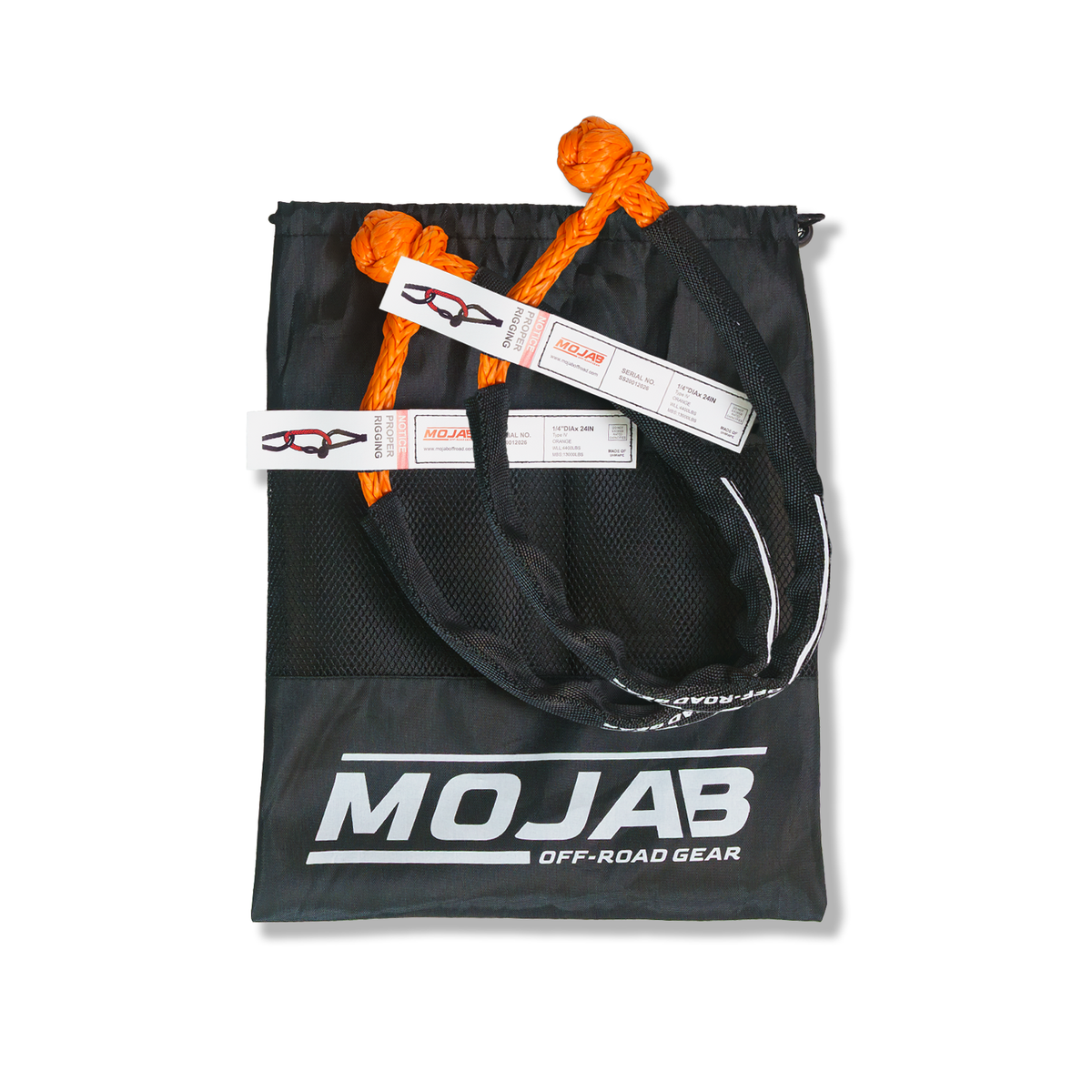 Set of two black MOJAB OFFROAD soft shackles, 1/4 inch x 24 inches with sleeves for off-road recovery and towing.