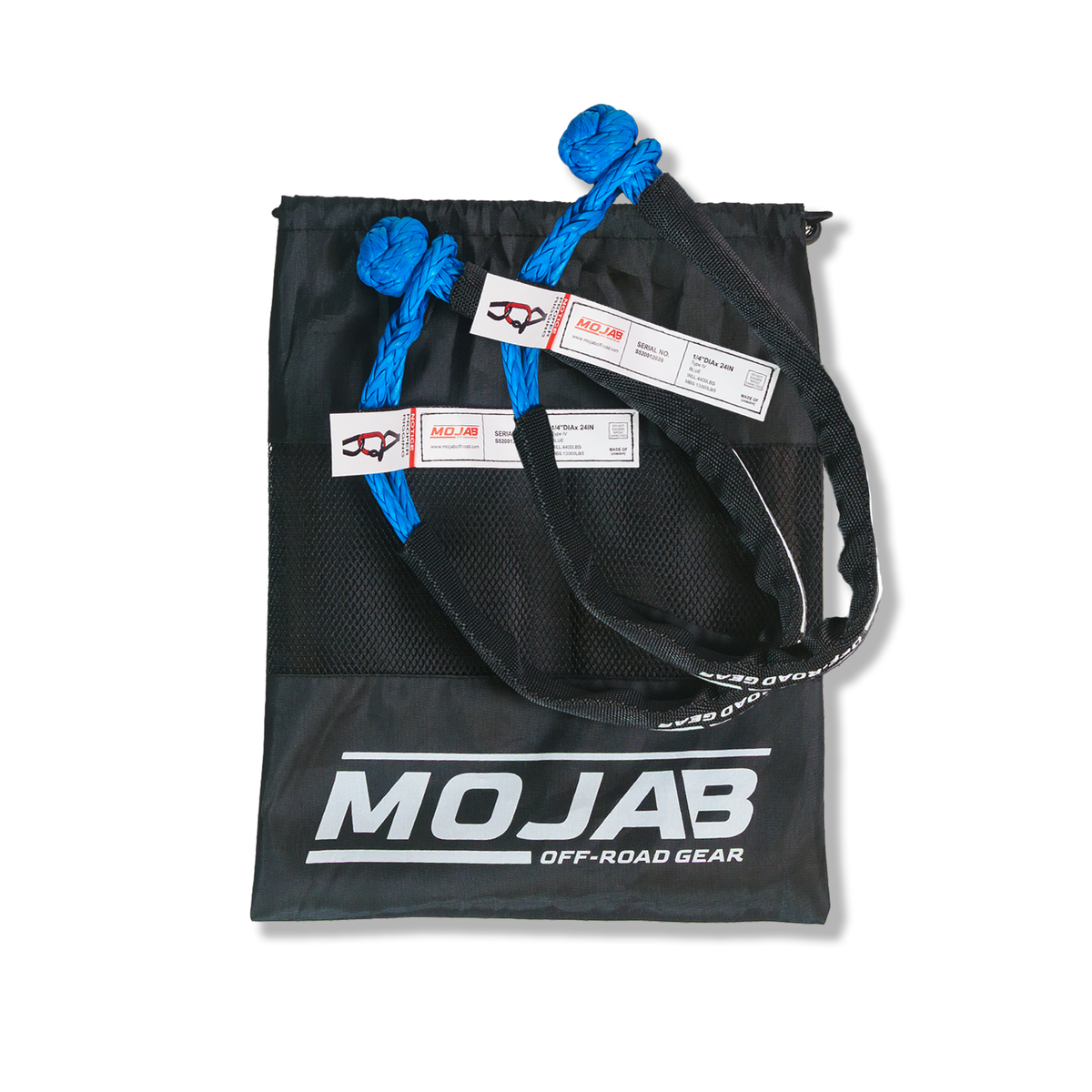 Set of two MOJAB OFFROAD black soft shackles, 1/4 inch by 24 inches, with sleeves and storage bag for off-road recovery.