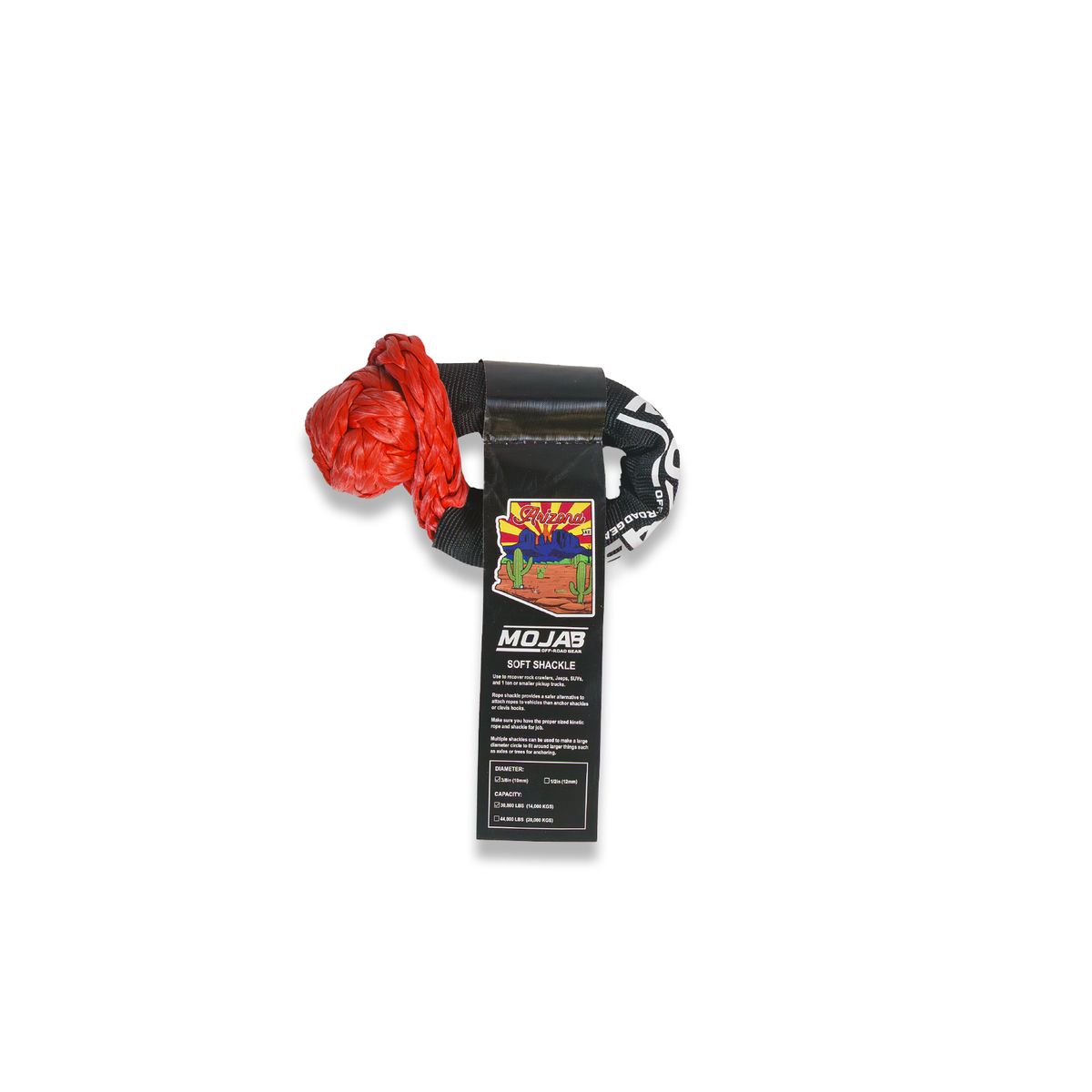 Black MOJAB OFFROAD soft shackle, 3/8 inch by 14 inches with sleeve and bag, durable single off-road recovery shackle.