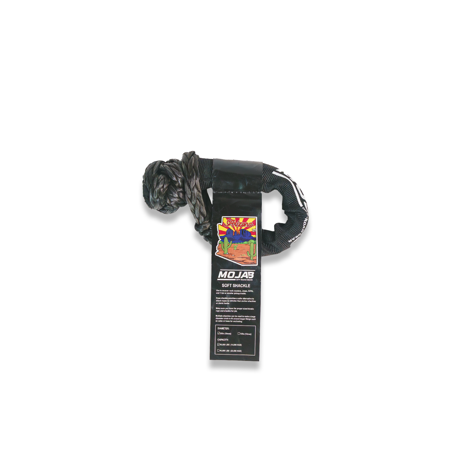 Black MOJAB OFFROAD soft shackle, 3/8 inch by 14 inches, with sleeve and storage bag for off-road recovery and towing.
