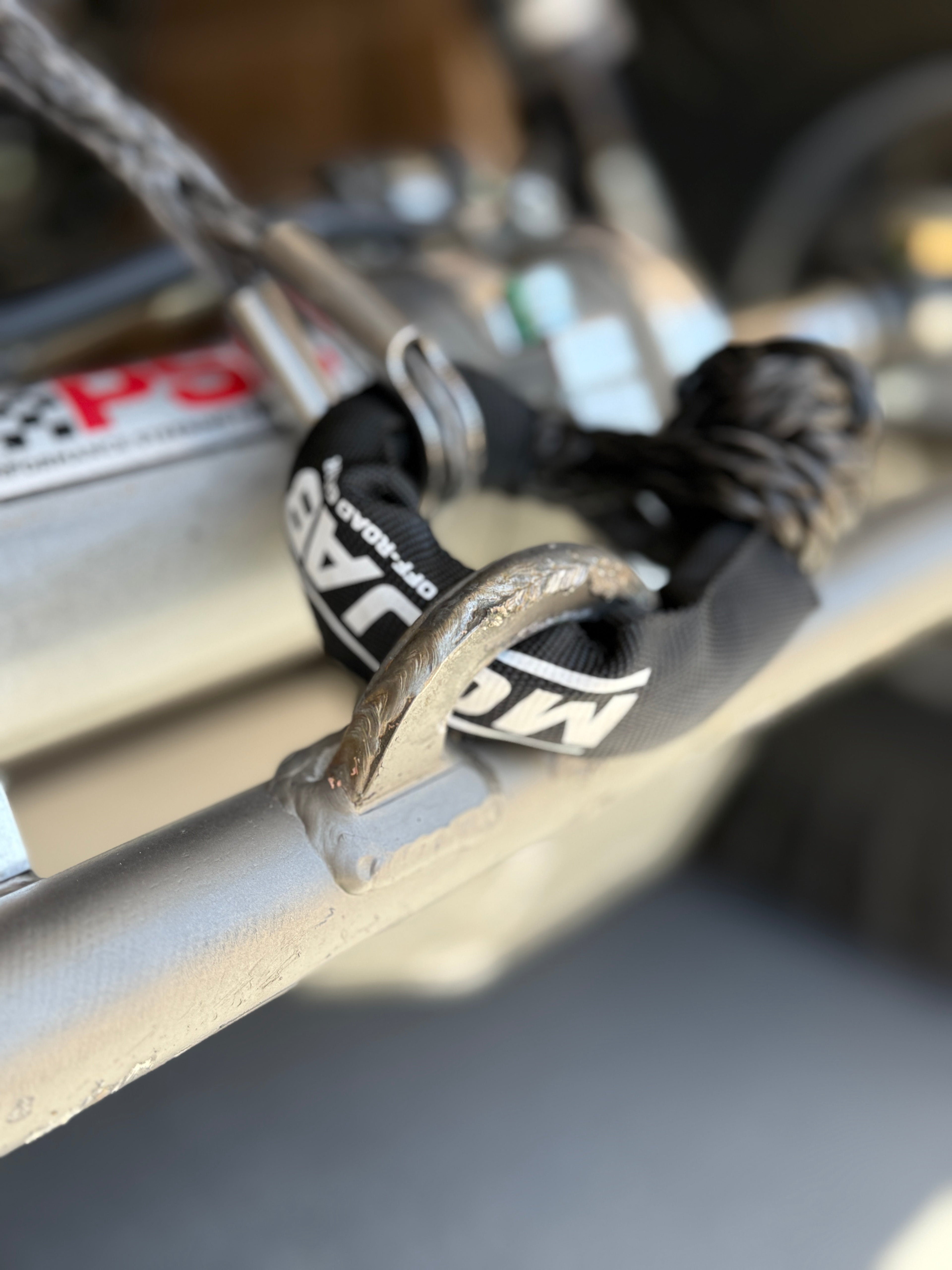 Black MOJAB OFFROAD soft shackle, 3/8 inch by 14 inches with sleeve and bag, durable single shackle for off-road recovery.